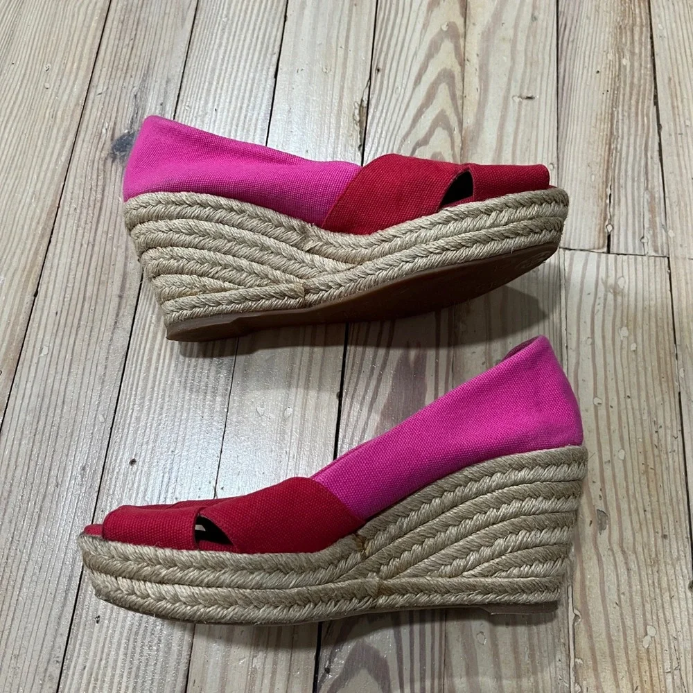 Tory Burch Filipa Espadrille Wedges Womens 8 Pink Red Canvas Peep Toe  Platform